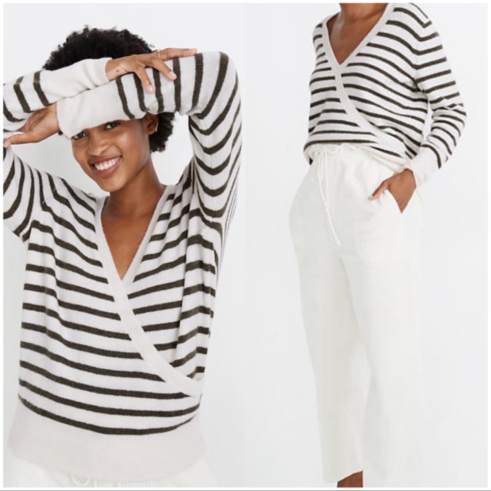 Madewell faux wrapV-Neck Sweater in Olive Green and White Stripes